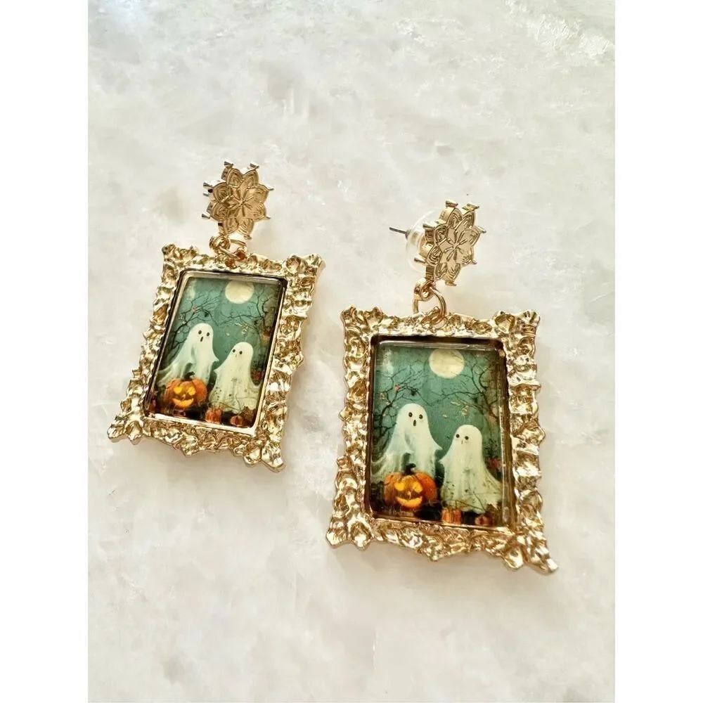 Ghosts with Halloween jack-o’-lantern picture frame dangle earrings